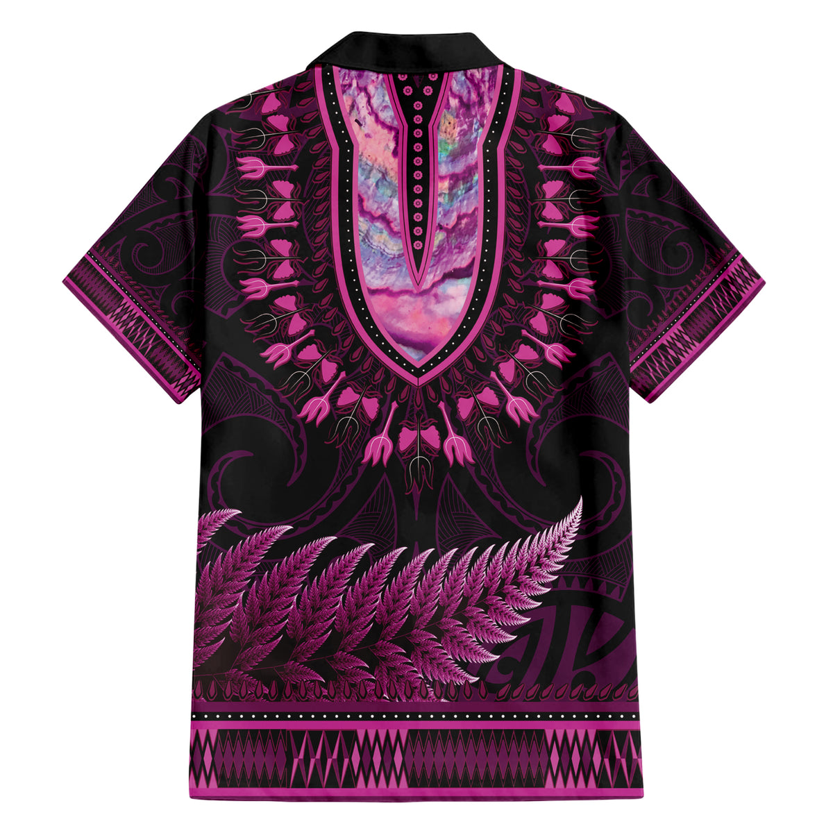 Pink African Dashiki With Aotearoa Maori Hawaiian Shirt Paua Shell Mix Silver Fern