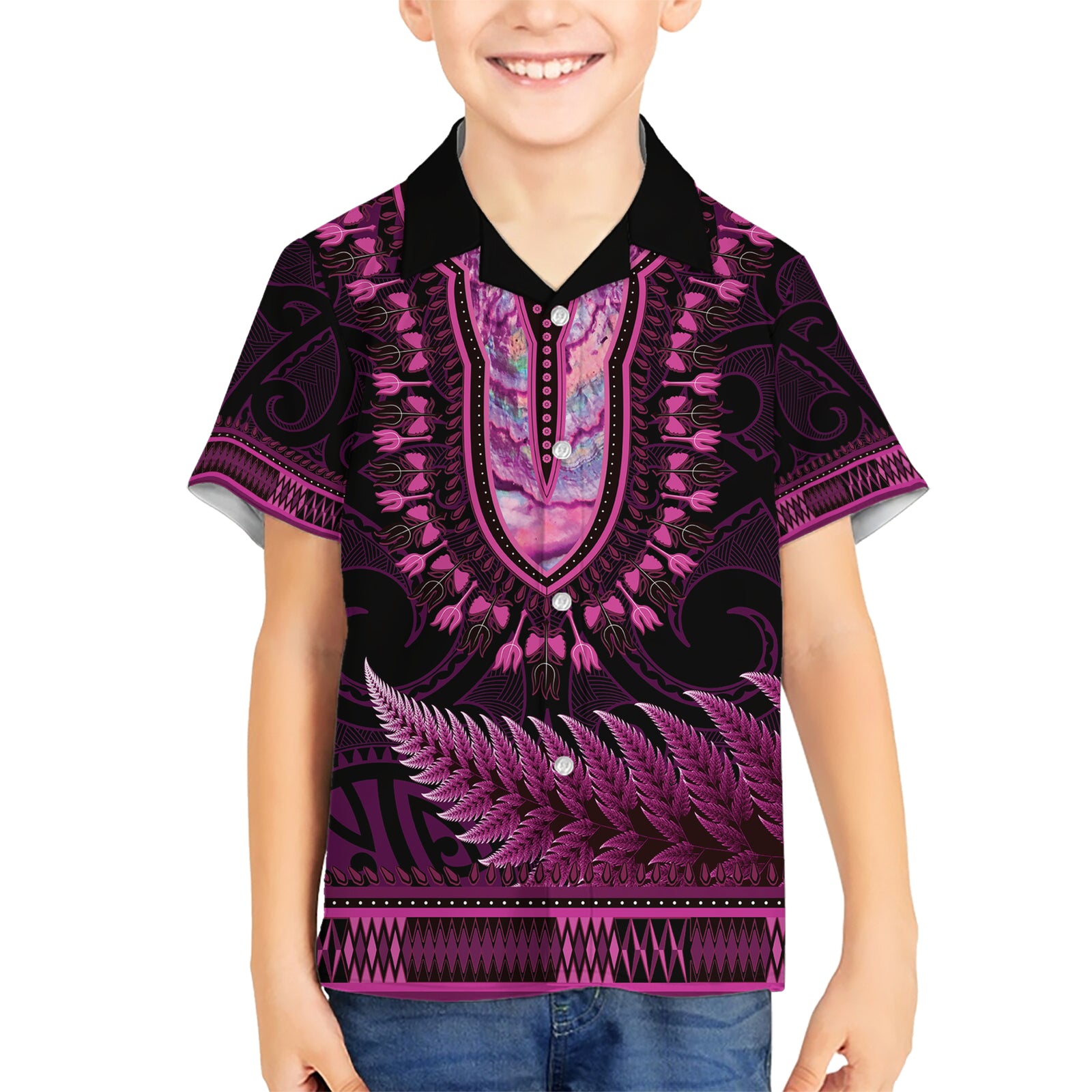 Pink African Dashiki With Aotearoa Maori Kid Hawaiian Shirt Paua Shell Mix Silver Fern LT14 Kid Pink - Polynesian Pride