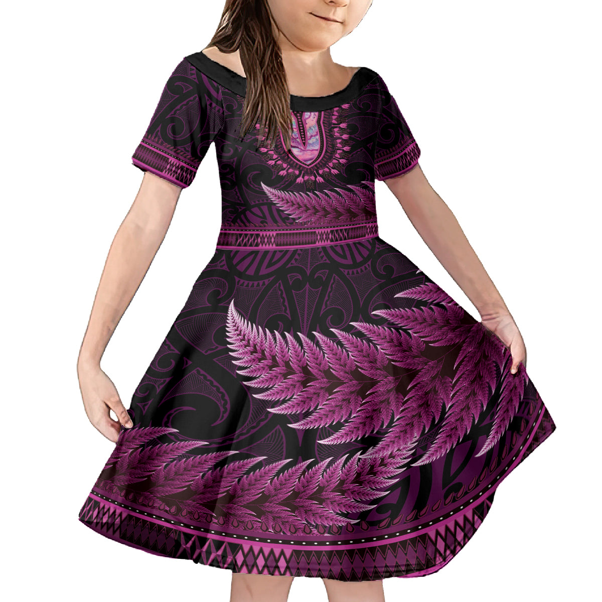 Pink African Dashiki With Aotearoa Maori Kid Short Sleeve Dress Paua Shell Mix Silver Fern LT14 KID Pink - Polynesian Pride