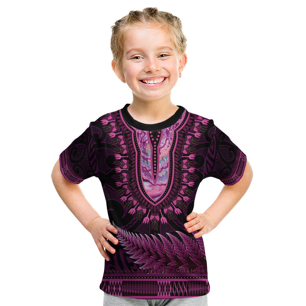 Pink African Dashiki With Aotearoa Maori Kid T Shirt Paua Shell Mix Silver Fern LT14 Pink - Polynesian Pride