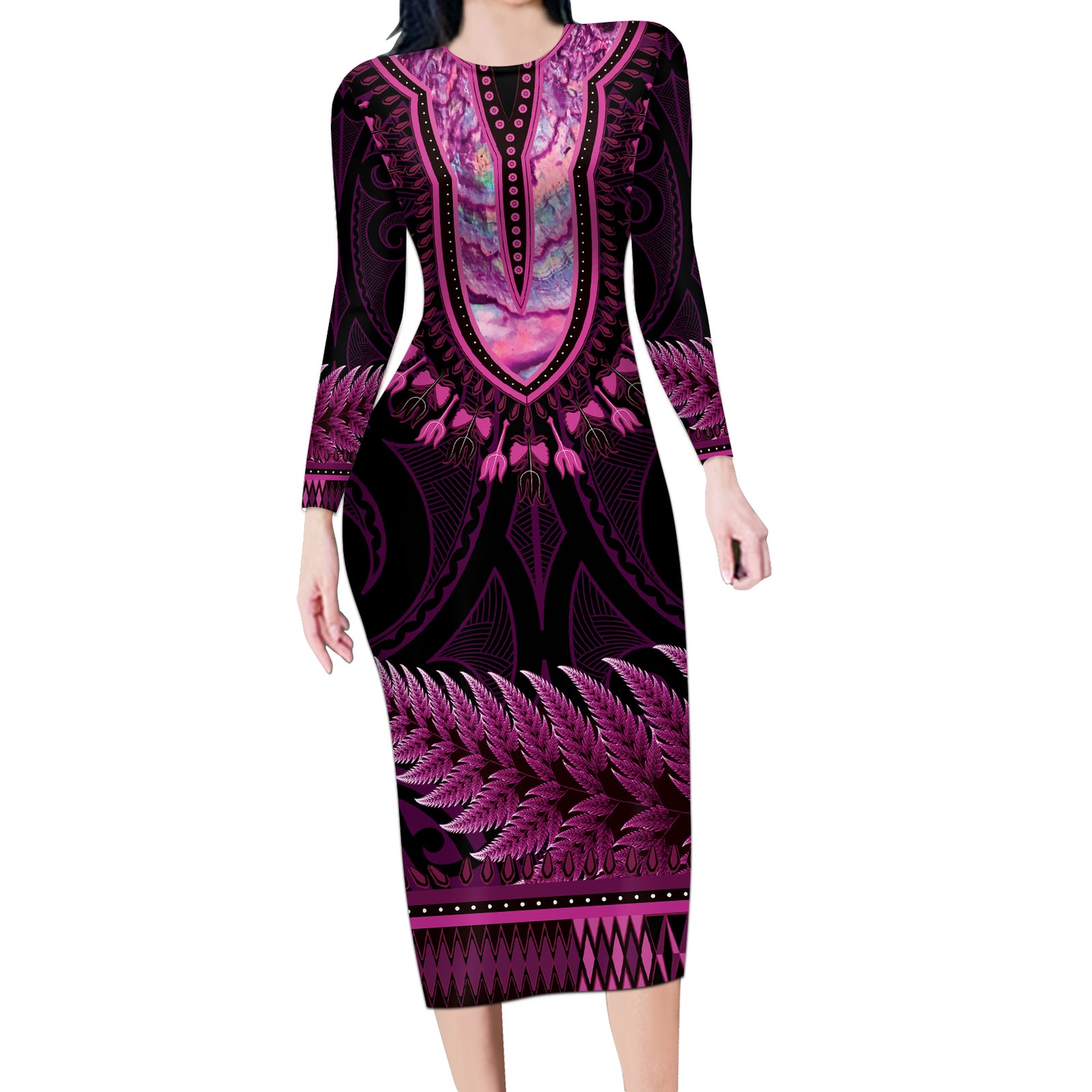 Pink African Dashiki With Aotearoa Maori Long Sleeve Bodycon Dress Paua Shell Mix Silver Fern LT14 Long Dress Pink - Polynesian Pride