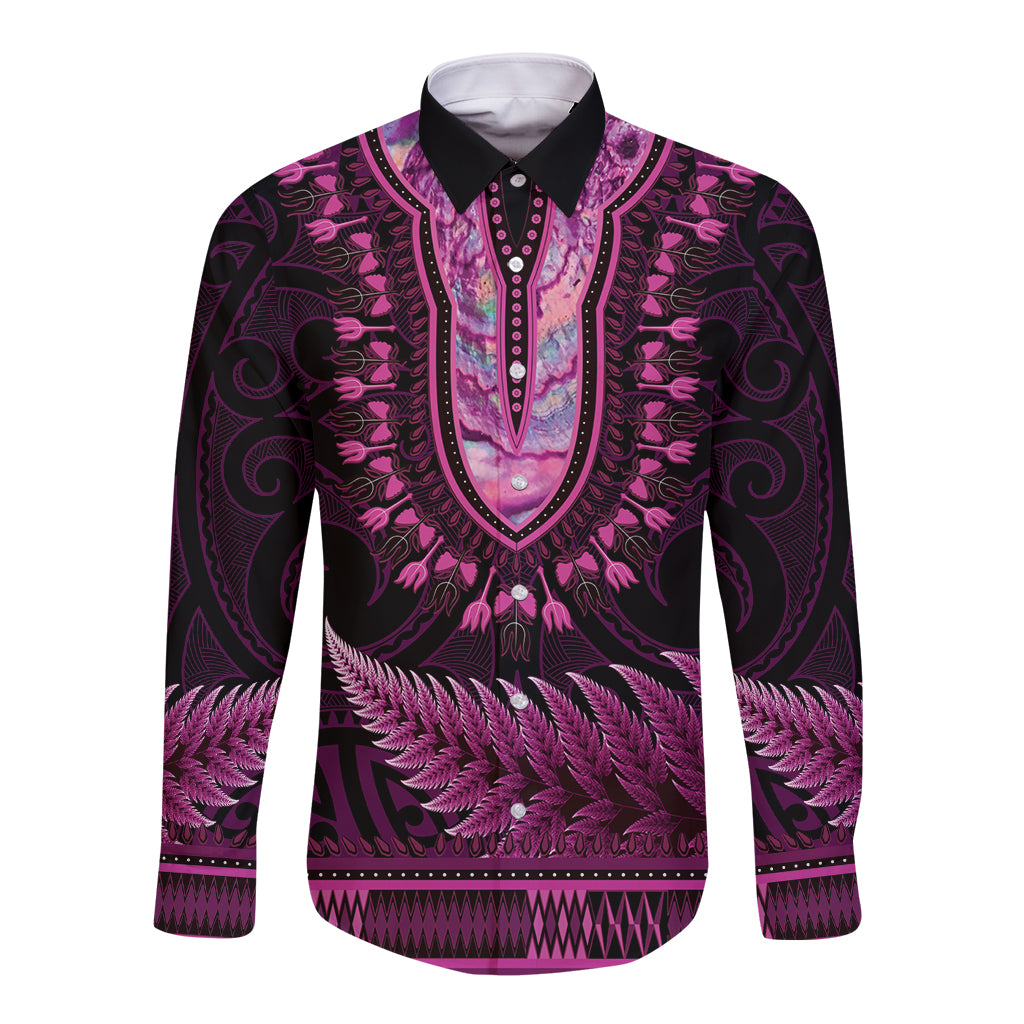 Pink African Dashiki With Aotearoa Maori Long Sleeve Button Shirt Paua Shell Mix Silver Fern LT14 Unisex Pink - Polynesian Pride