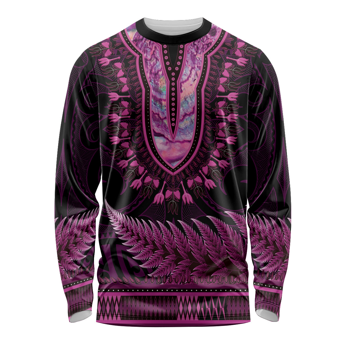 Pink African Dashiki With Aotearoa Maori Long Sleeve Shirt Paua Shell Mix Silver Fern LT14 Unisex Pink - Polynesian Pride
