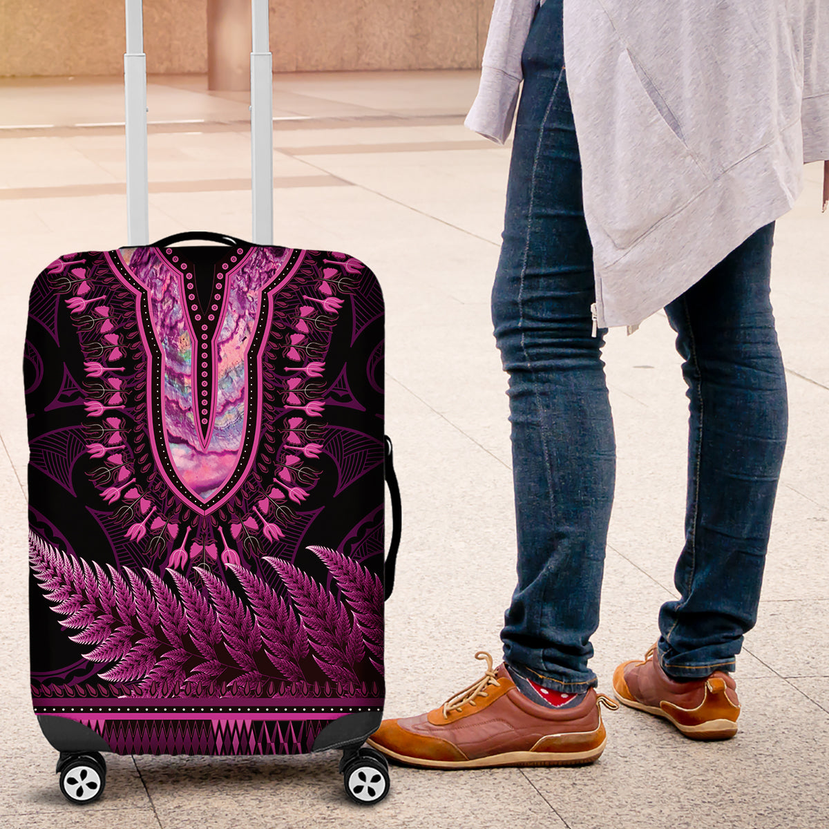 Pink African Dashiki With Aotearoa Maori Luggage Cover Paua Shell Mix Silver Fern LT14 Pink - Polynesian Pride