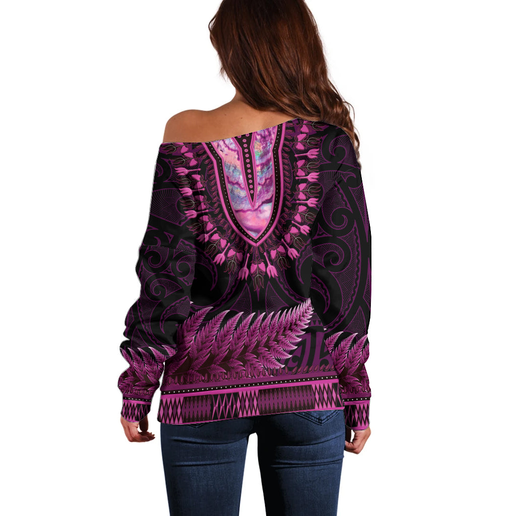 Pink African Dashiki With Aotearoa Maori Off Shoulder Sweater Paua Shell Mix Silver Fern
