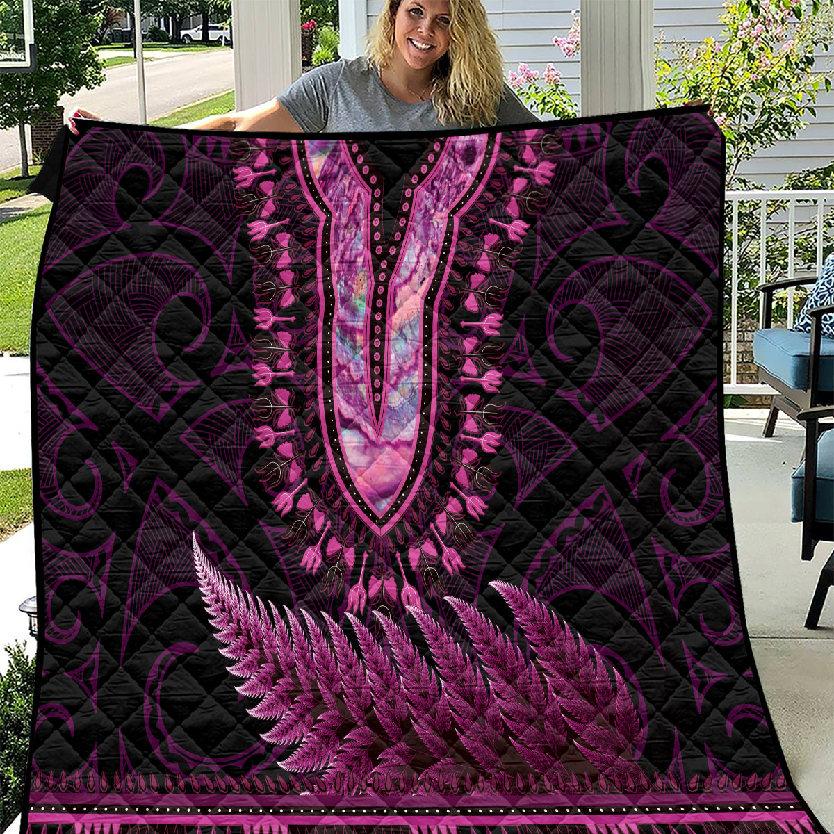 Pink African Dashiki With Aotearoa Maori Quilt Paua Shell Mix Silver Fern LT14 Pink - Polynesian Pride