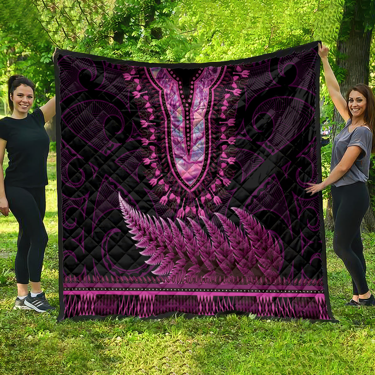 Pink African Dashiki With Aotearoa Maori Quilt Paua Shell Mix Silver Fern