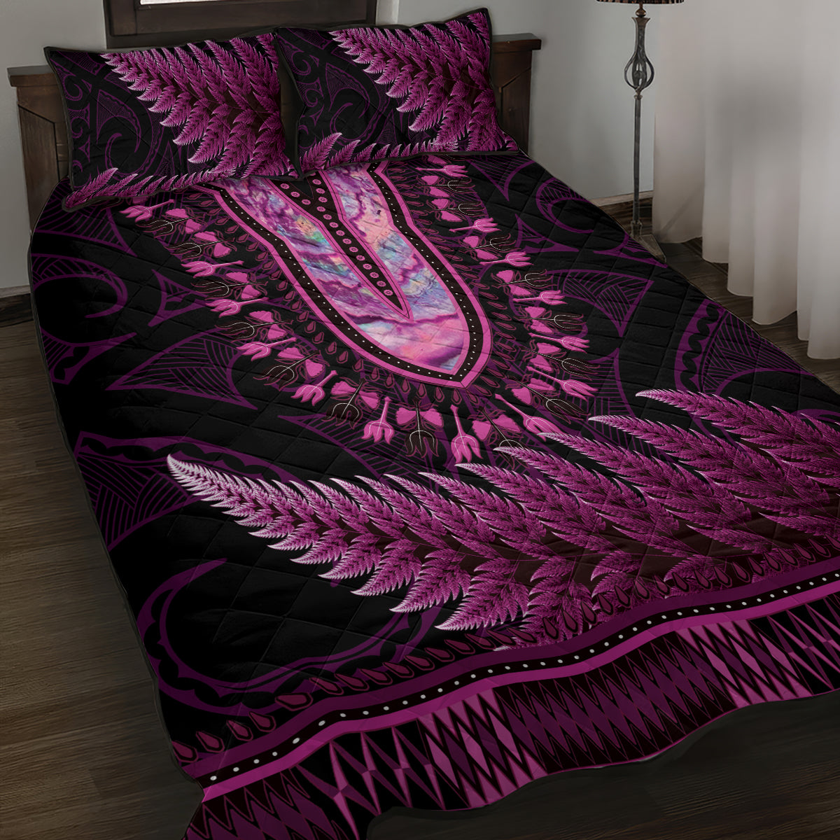 Pink African Dashiki With Aotearoa Maori Quilt Bed Set Paua Shell Mix Silver Fern LT14 Pink - Polynesian Pride