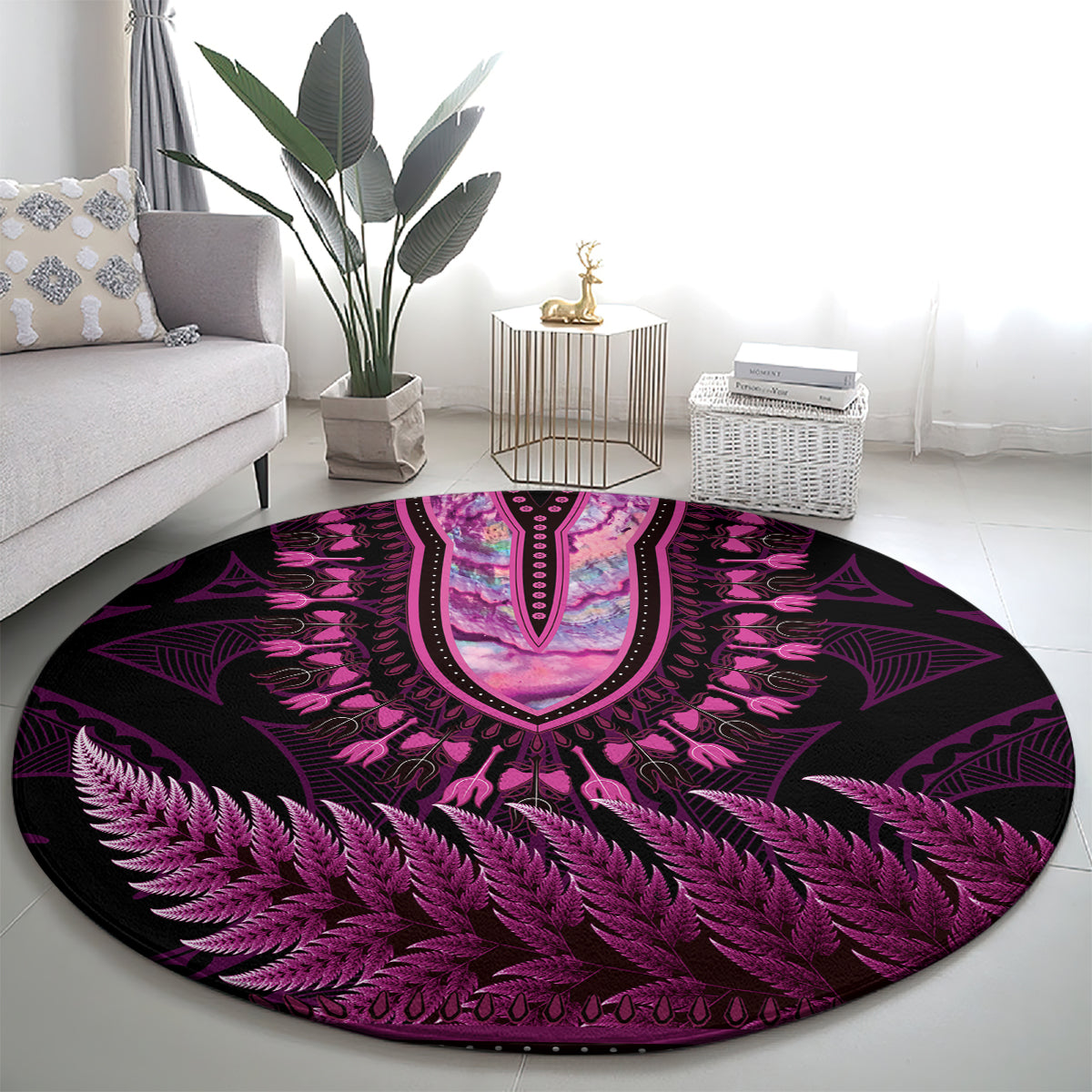 Pink African Dashiki With Aotearoa Maori Round Carpet Paua Shell Mix Silver Fern LT14 - Polynesian Pride