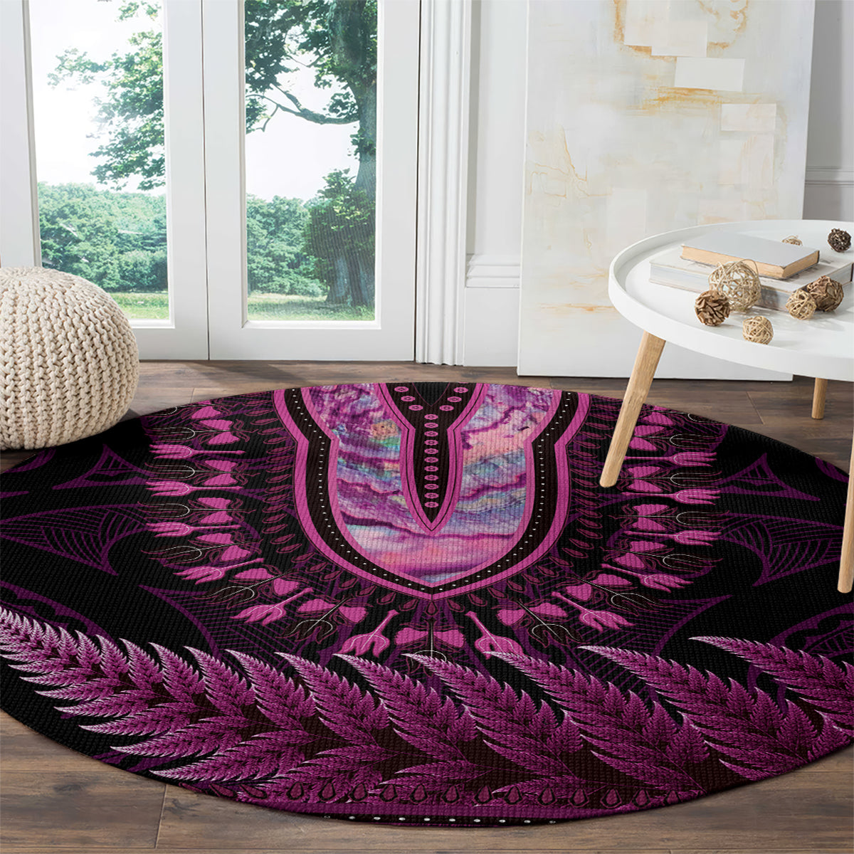 Pink African Dashiki With Aotearoa Maori Round Carpet Paua Shell Mix Silver Fern LT14 - Polynesian Pride