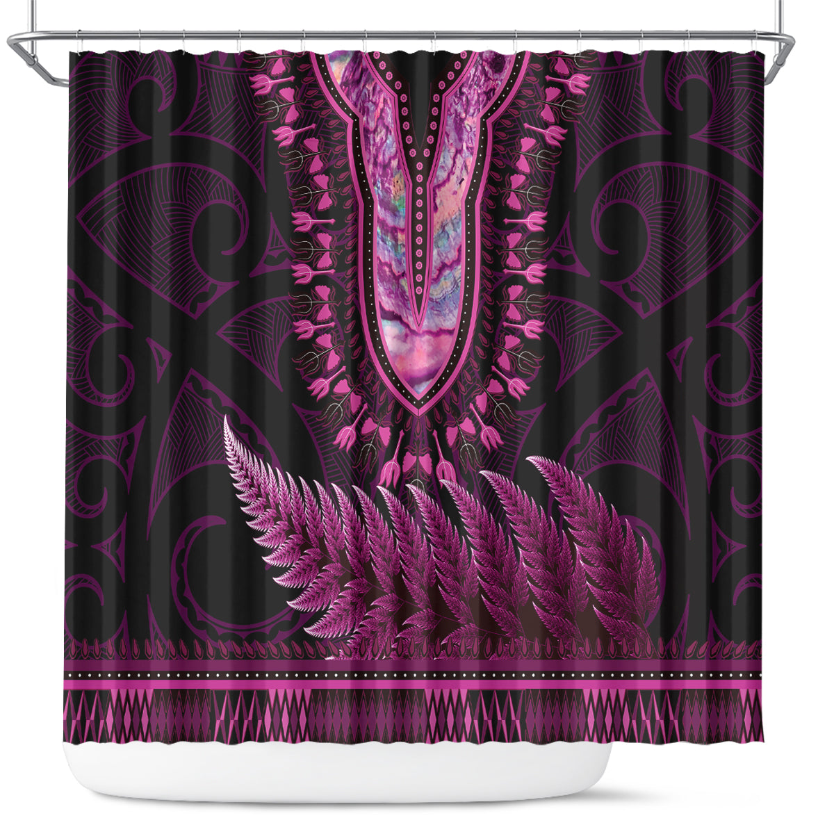 Pink African Dashiki With Aotearoa Maori Shower Curtain Paua Shell Mix Silver Fern LT14 Pink - Polynesian Pride