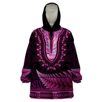 Pink African Dashiki With Aotearoa Maori Wearable Blanket Hoodie Paua Shell Mix Silver Fern