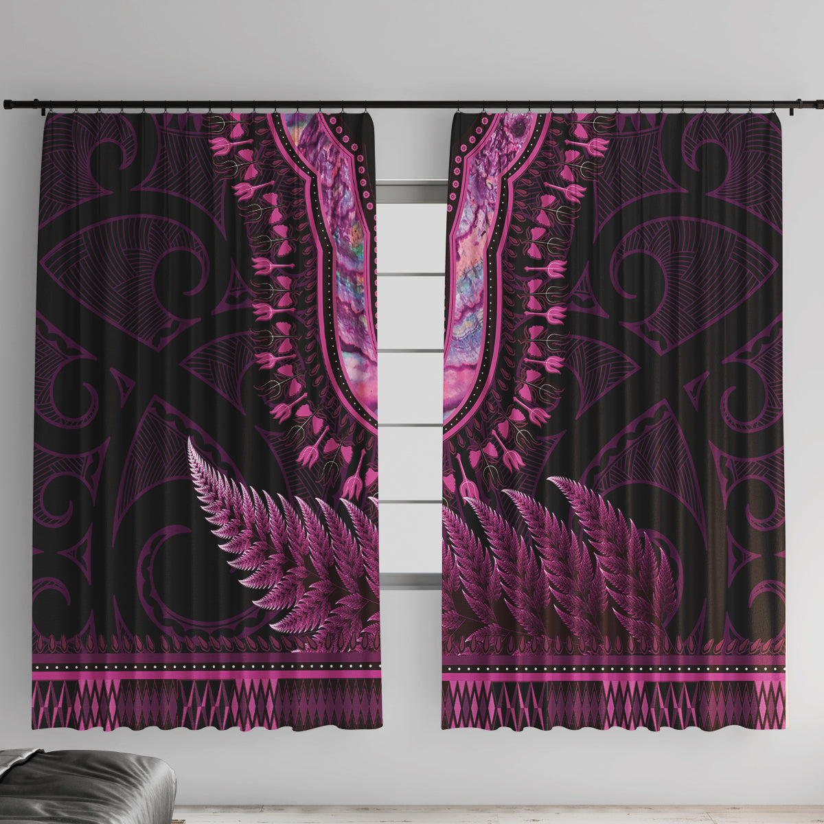Pink African Dashiki With Aotearoa Maori Window Curtain Paua Shell Mix Silver Fern