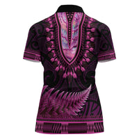 Pink African Dashiki With Aotearoa Maori Women Polo Shirt Paua Shell Mix Silver Fern