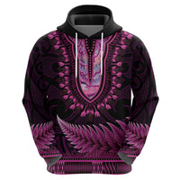Pink African Dashiki With Aotearoa Maori Zip Hoodie Paua Shell Mix Silver Fern