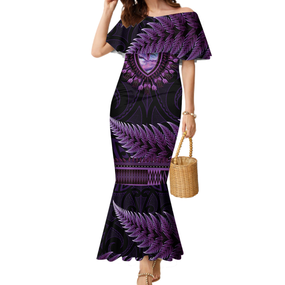 Purple African Dashiki With Aotearoa Maori Family Matching Mermaid Dress and Hawaiian Shirt Paua Shell Mix Silver Fern