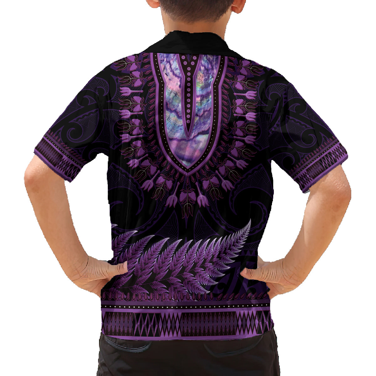 Purple African Dashiki With Aotearoa Maori Family Matching Puletasi and Hawaiian Shirt Paua Shell Mix Silver Fern LT14 - Polynesian Pride