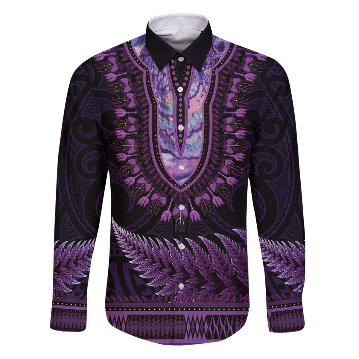 Purple African Dashiki With Aotearoa Maori Family Matching Puletasi and Hawaiian Shirt Paua Shell Mix Silver Fern LT14 Dad's Shirt - Long Sleeve Purple - Polynesian Pride