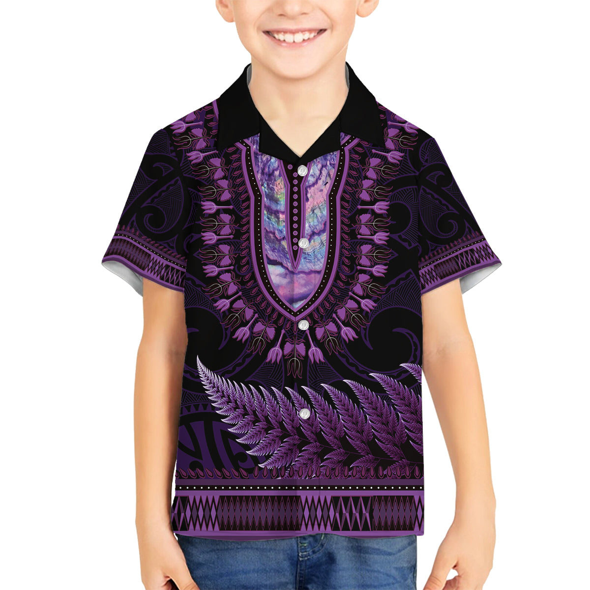 Purple African Dashiki With Aotearoa Maori Family Matching Puletasi and Hawaiian Shirt Paua Shell Mix Silver Fern LT14 Son's Shirt Purple - Polynesian Pride