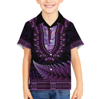 Purple African Dashiki With Aotearoa Maori Family Matching Puletasi and Hawaiian Shirt Paua Shell Mix Silver Fern LT14 Son's Shirt Purple - Polynesian Pride