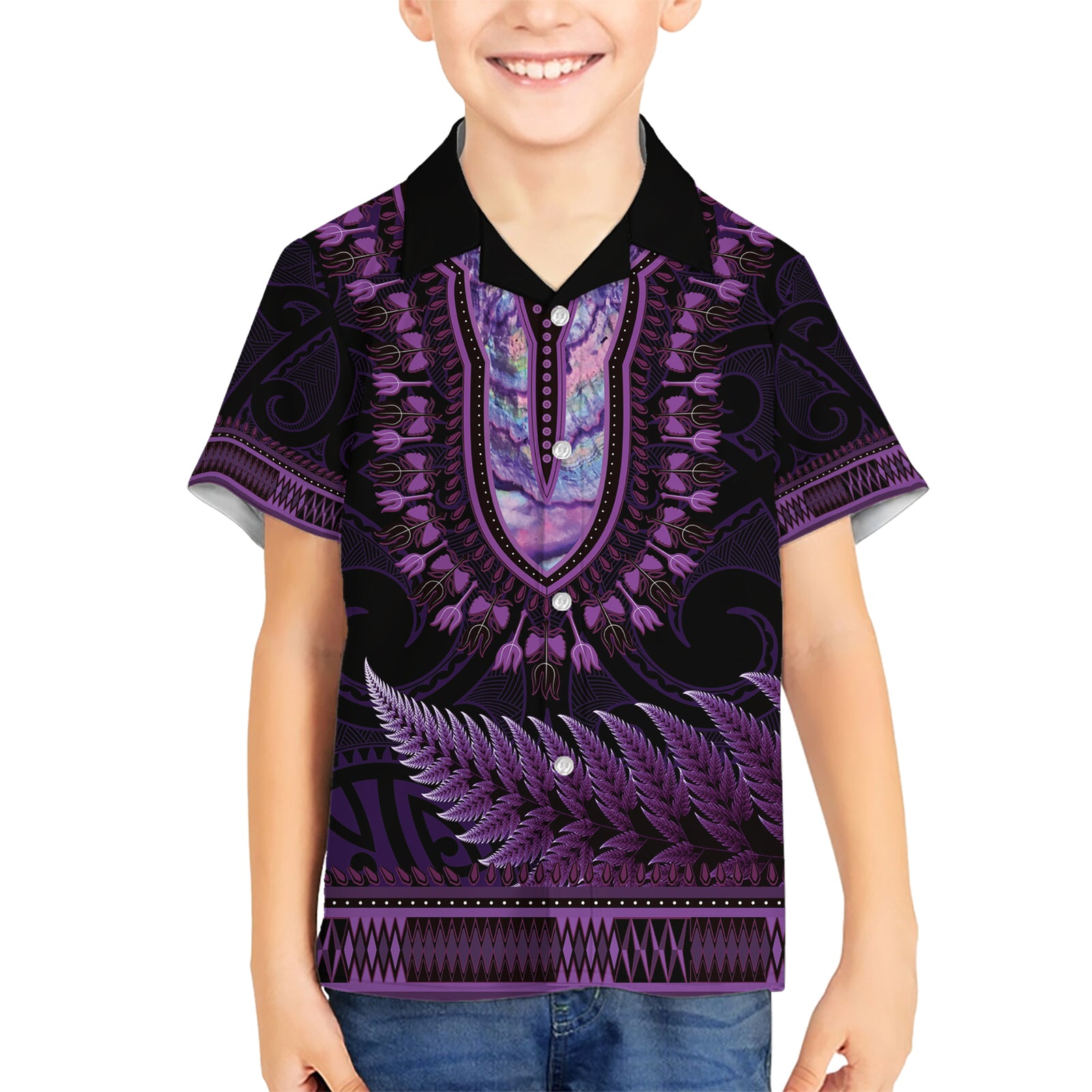 Purple African Dashiki With Aotearoa Maori Kid Hawaiian Shirt Paua Shell Mix Silver Fern LT14 Kid Purple - Polynesian Pride