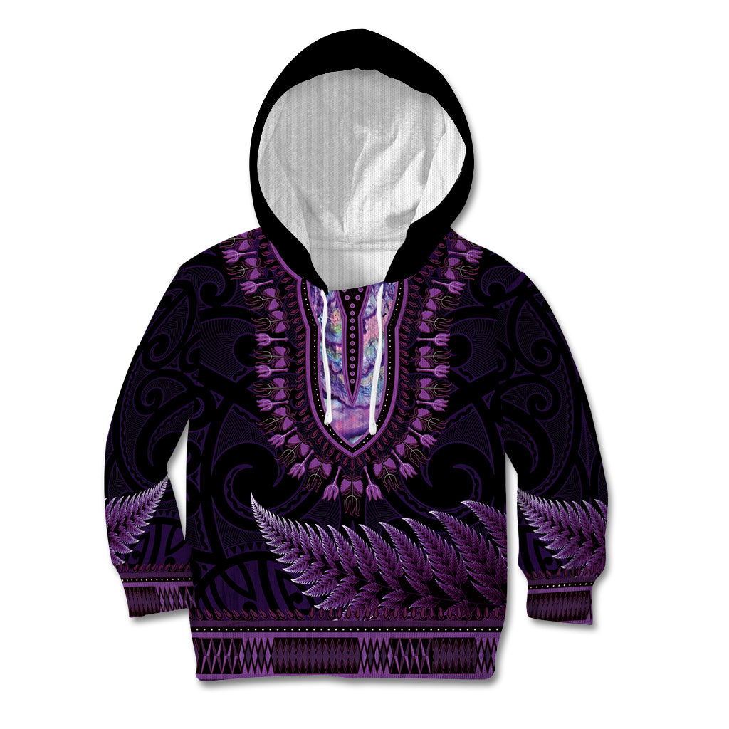 Purple African Dashiki With Aotearoa Maori Kid Hoodie Paua Shell Mix Silver Fern LT14 Hoodie Purple - Polynesian Pride
