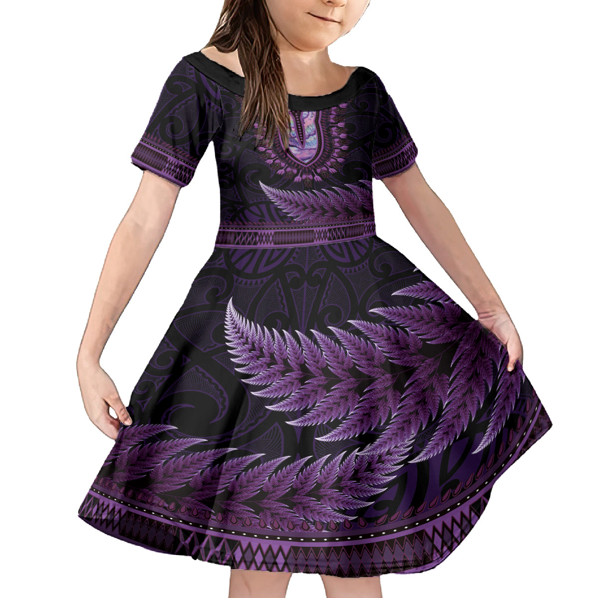 Purple African Dashiki With Aotearoa Maori Kid Short Sleeve Dress Paua Shell Mix Silver Fern LT14 KID Purple - Polynesian Pride