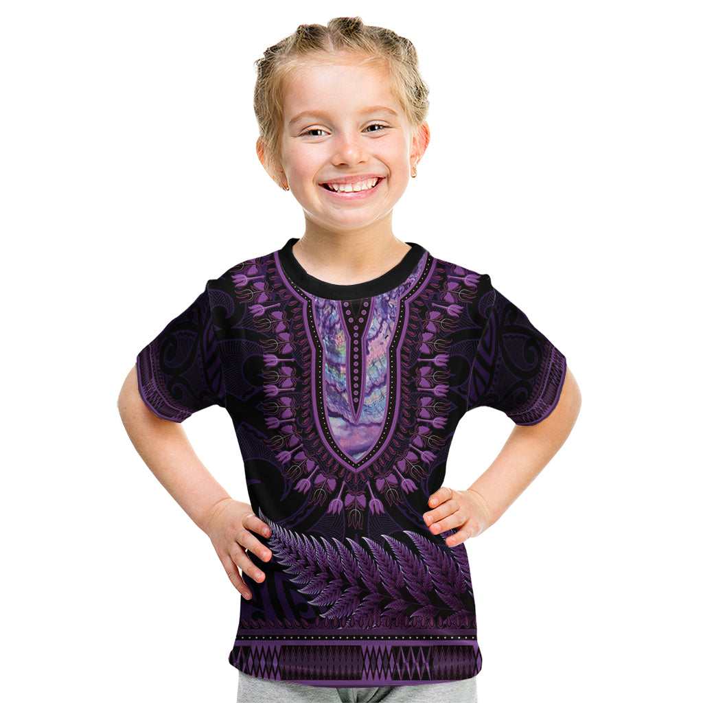 Purple African Dashiki With Aotearoa Maori Kid T Shirt Paua Shell Mix Silver Fern LT14 Purple - Polynesian Pride