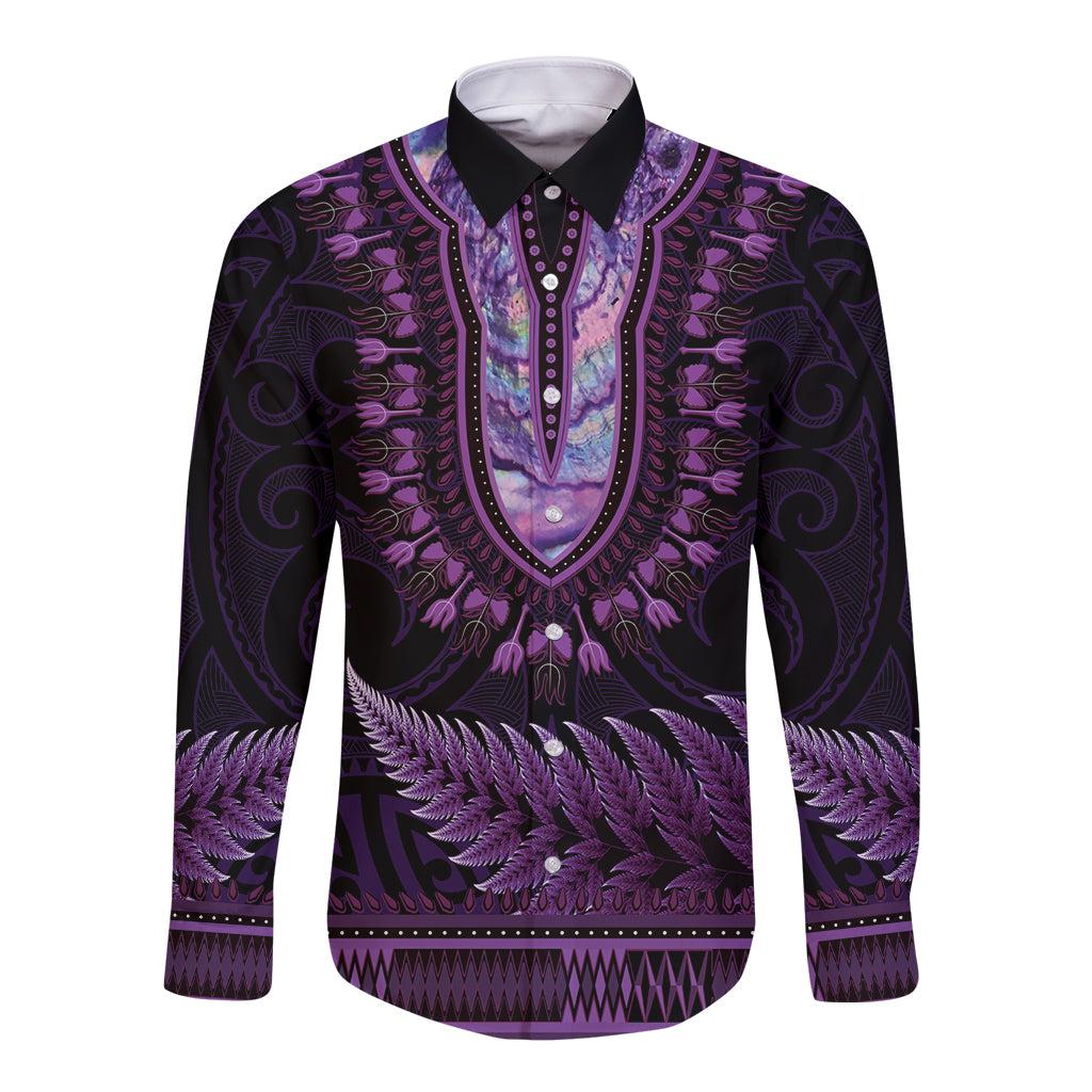 Purple African Dashiki With Aotearoa Maori Long Sleeve Button Shirt Paua Shell Mix Silver Fern LT14 Unisex Purple - Polynesian Pride