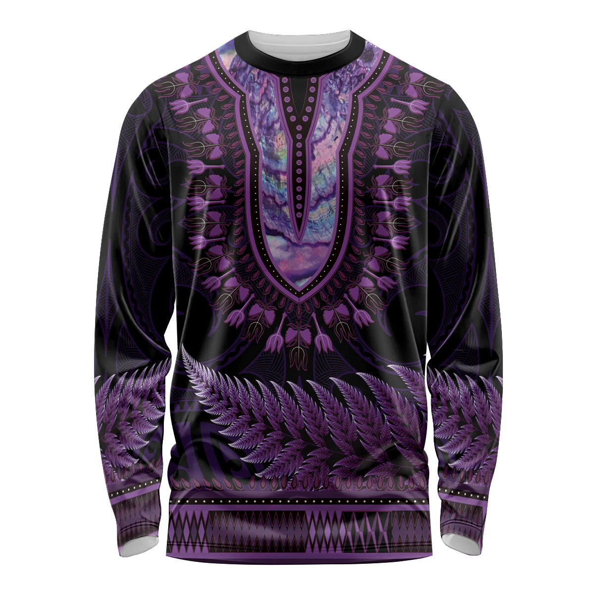 Purple African Dashiki With Aotearoa Maori Long Sleeve Shirt Paua Shell Mix Silver Fern LT14 Unisex Purple - Polynesian Pride