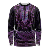 Purple African Dashiki With Aotearoa Maori Long Sleeve Shirt Paua Shell Mix Silver Fern LT14 Unisex Purple - Polynesian Pride
