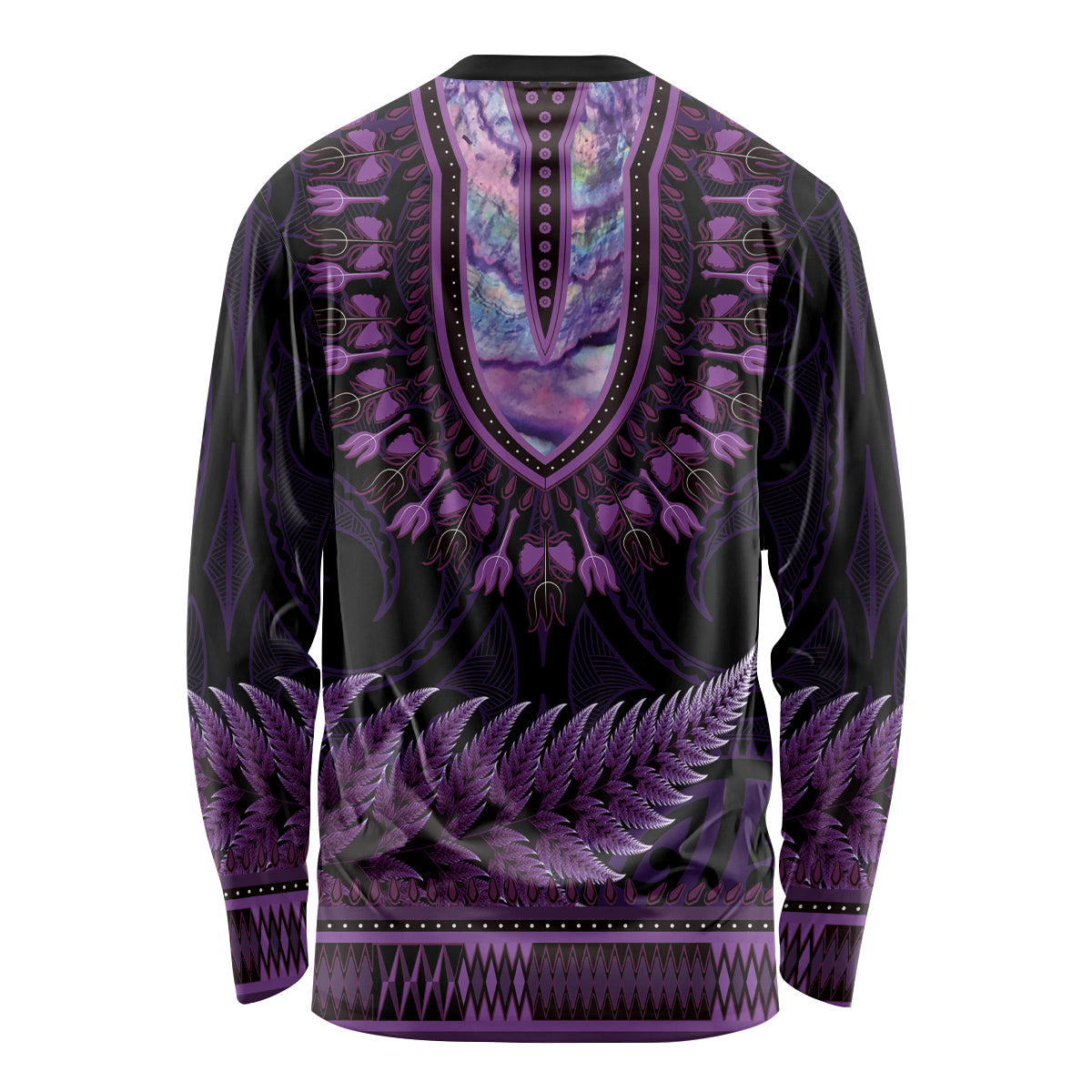 Purple African Dashiki With Aotearoa Maori Long Sleeve Shirt Paua Shell Mix Silver Fern LT14 - Polynesian Pride