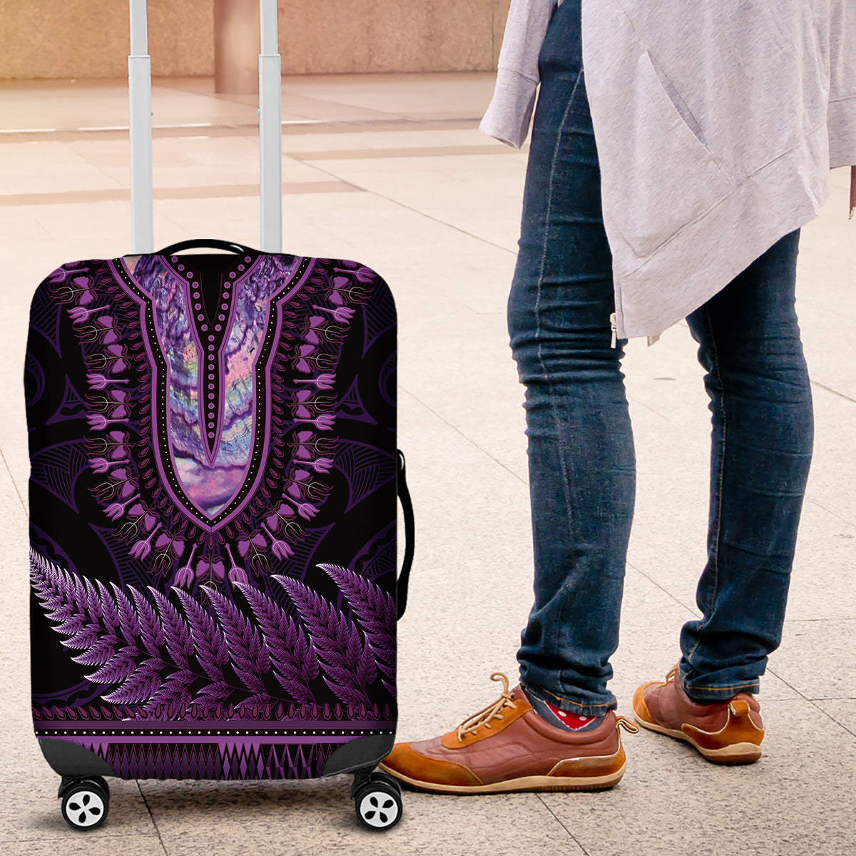Purple African Dashiki With Aotearoa Maori Luggage Cover Paua Shell Mix Silver Fern LT14 Purple - Polynesian Pride