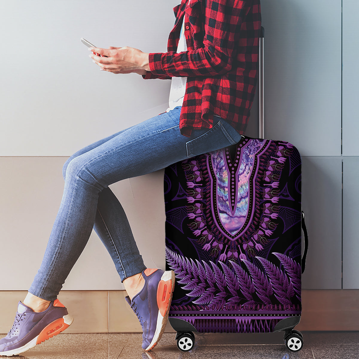 Purple African Dashiki With Aotearoa Maori Luggage Cover Paua Shell Mix Silver Fern LT14 - Polynesian Pride