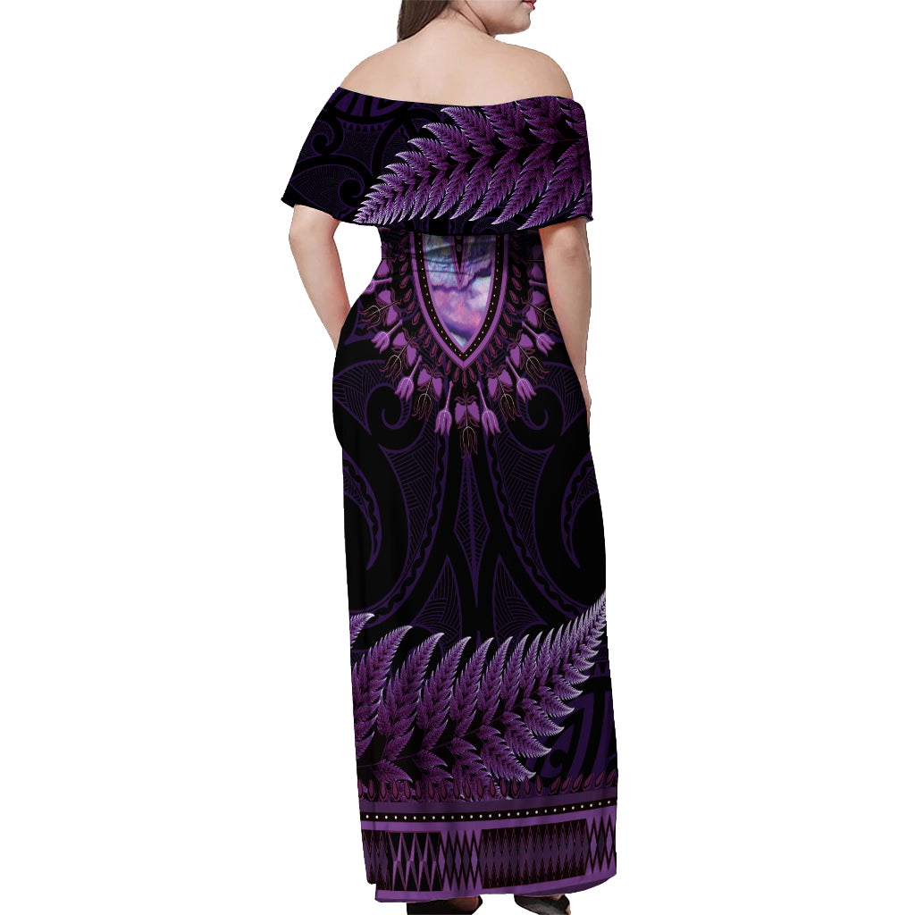 Purple African Dashiki With Aotearoa Maori Off Shoulder Maxi Dress Paua Shell Mix Silver Fern LT14 - Polynesian Pride