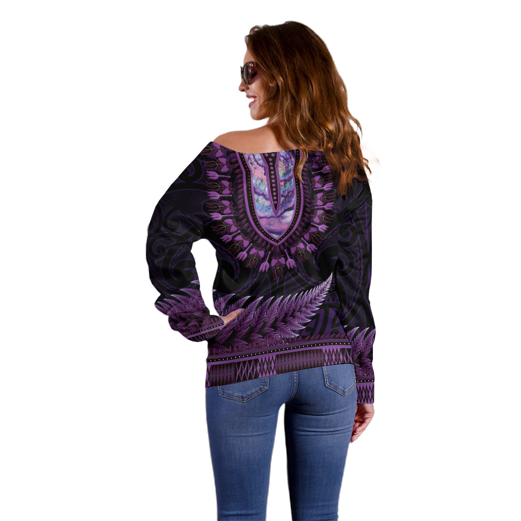 Purple African Dashiki With Aotearoa Maori Off Shoulder Sweater Paua Shell Mix Silver Fern