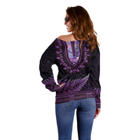 Purple African Dashiki With Aotearoa Maori Off Shoulder Sweater Paua Shell Mix Silver Fern
