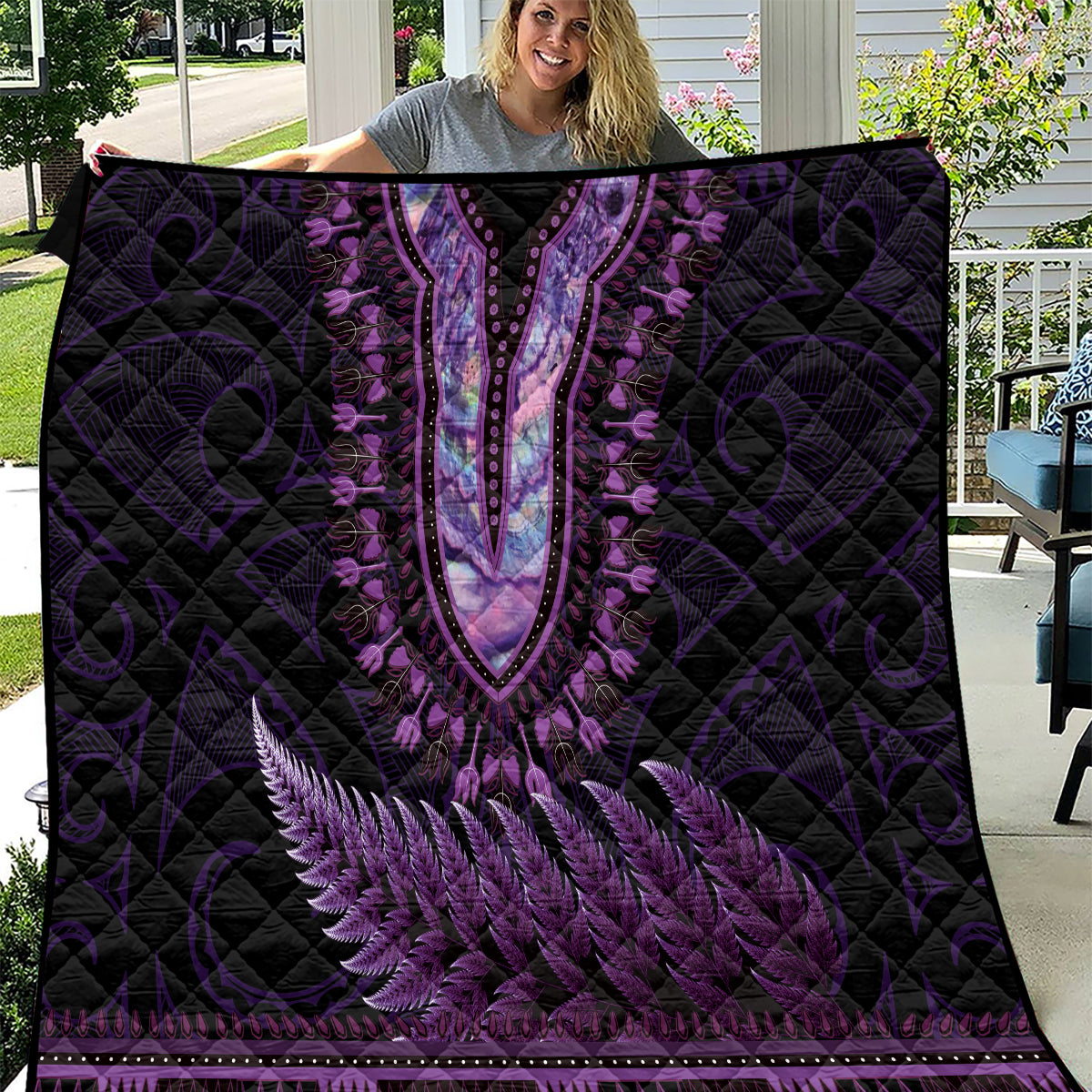Purple African Dashiki With Aotearoa Maori Quilt Paua Shell Mix Silver Fern LT14 Purple - Polynesian Pride