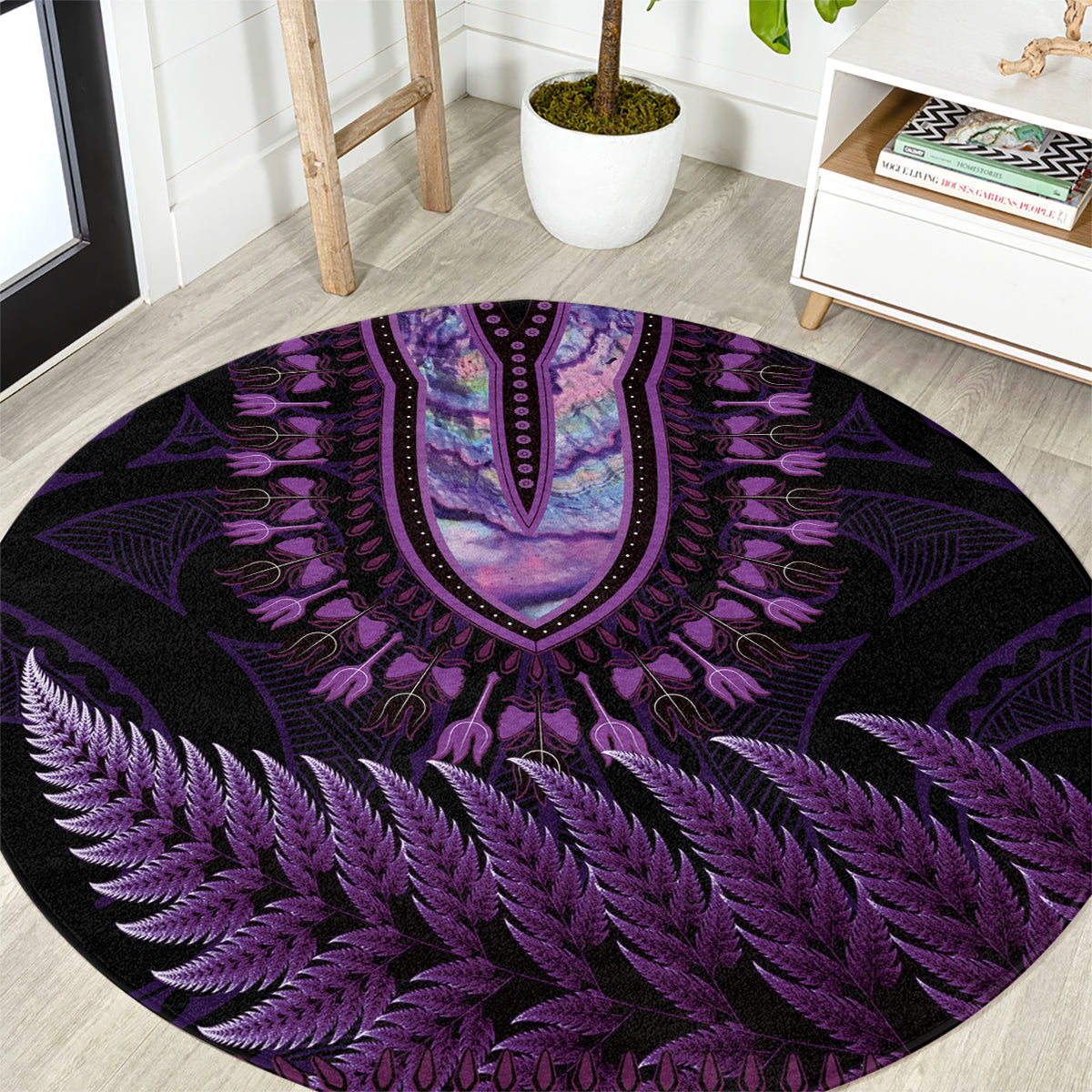 Purple African Dashiki With Aotearoa Maori Round Carpet Paua Shell Mix Silver Fern