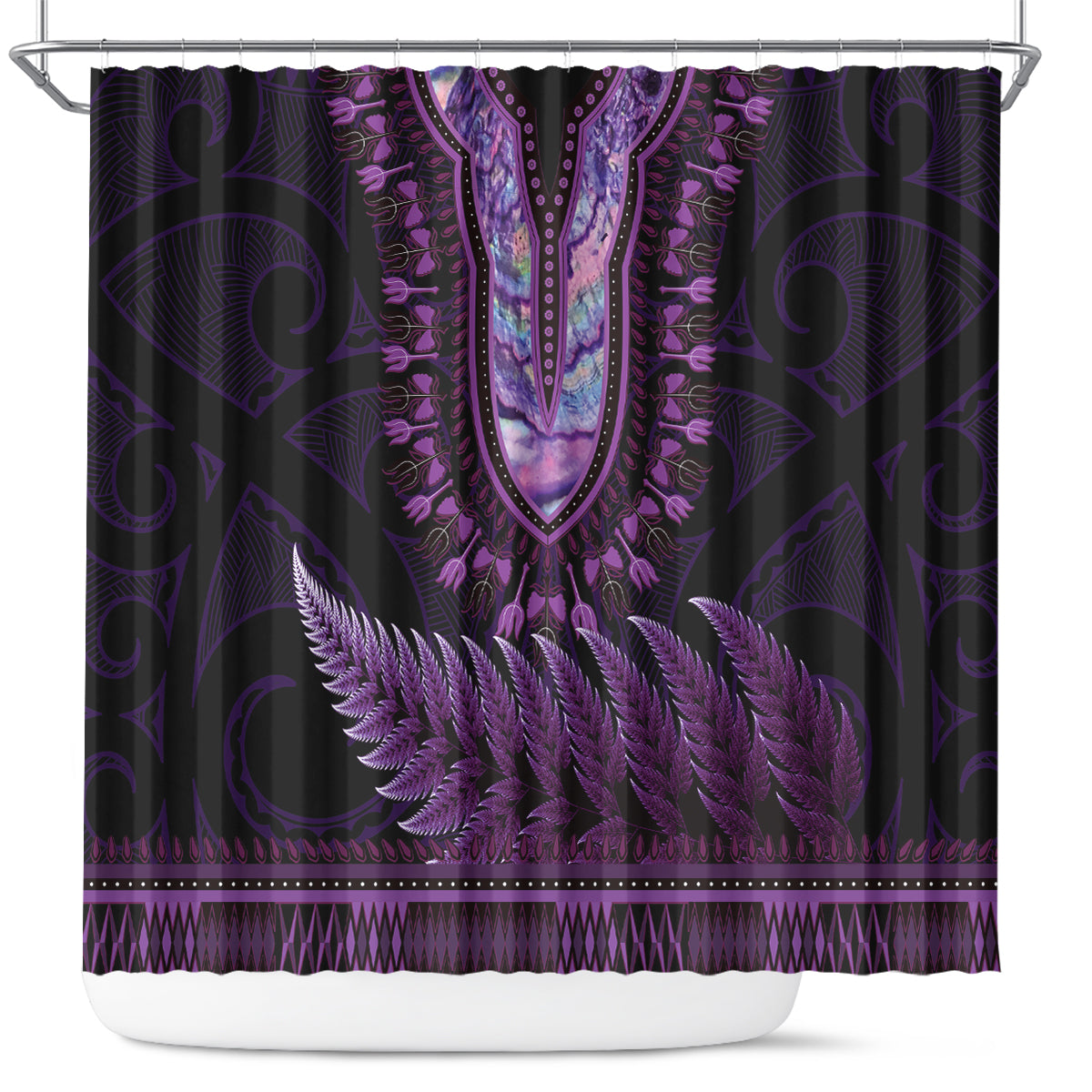 Purple African Dashiki With Aotearoa Maori Shower Curtain Paua Shell Mix Silver Fern LT14 Purple - Polynesian Pride