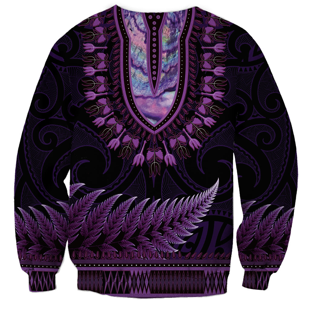 Purple African Dashiki With Aotearoa Maori Sweatshirt Paua Shell Mix Silver Fern