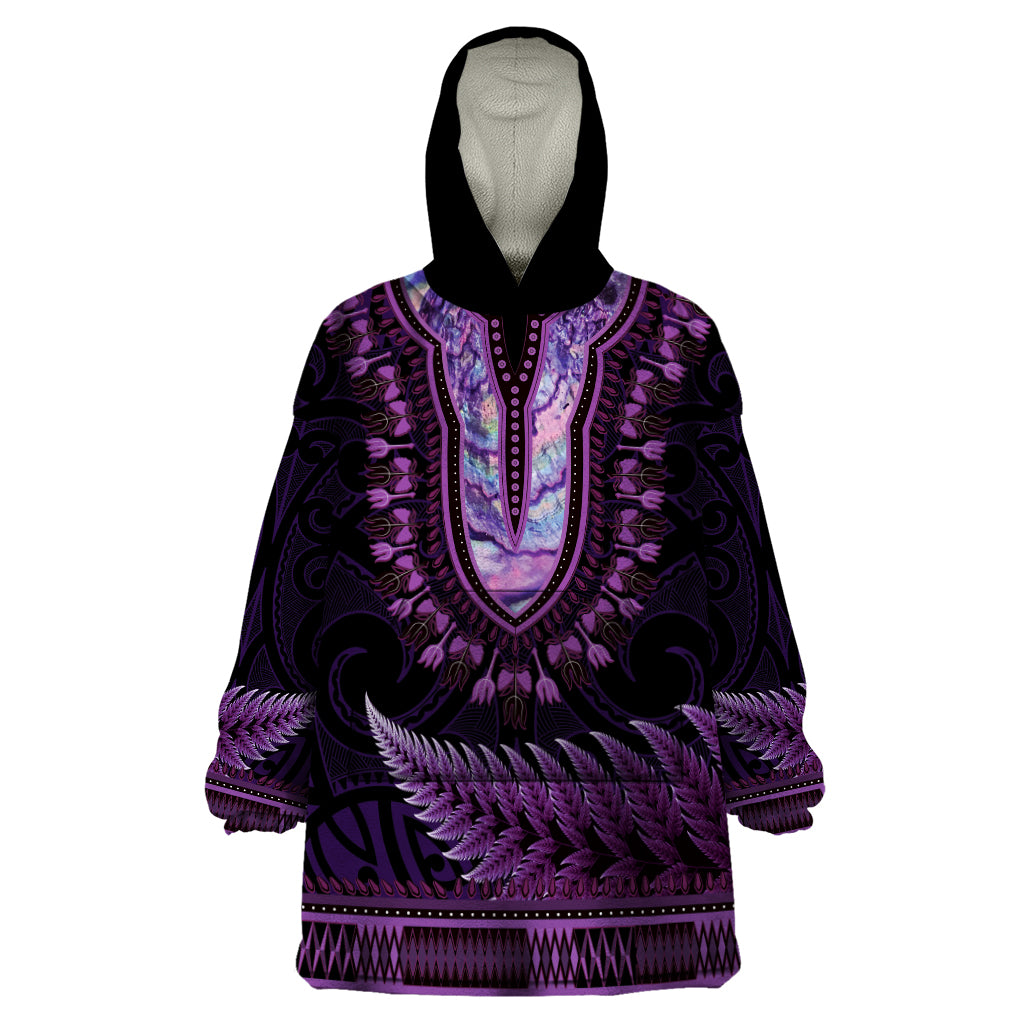 Purple African Dashiki With Aotearoa Maori Wearable Blanket Hoodie Paua Shell Mix Silver Fern LT14 One Size Purple - Polynesian Pride