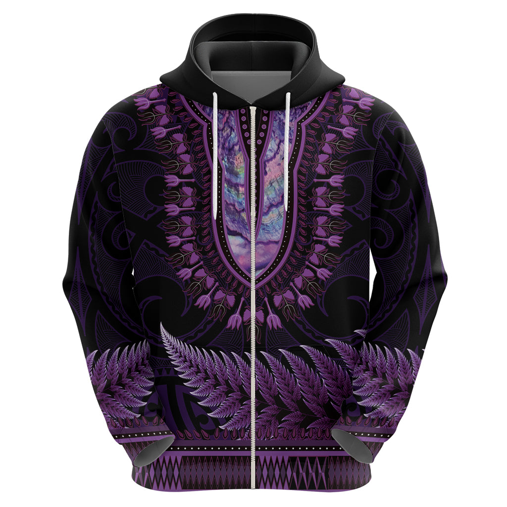 Purple African Dashiki With Aotearoa Maori Zip Hoodie Paua Shell Mix Silver Fern