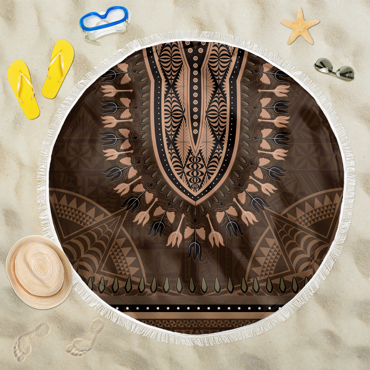 Brown African Dashiki With Tonga Ngatu Pattern Beach Blanket