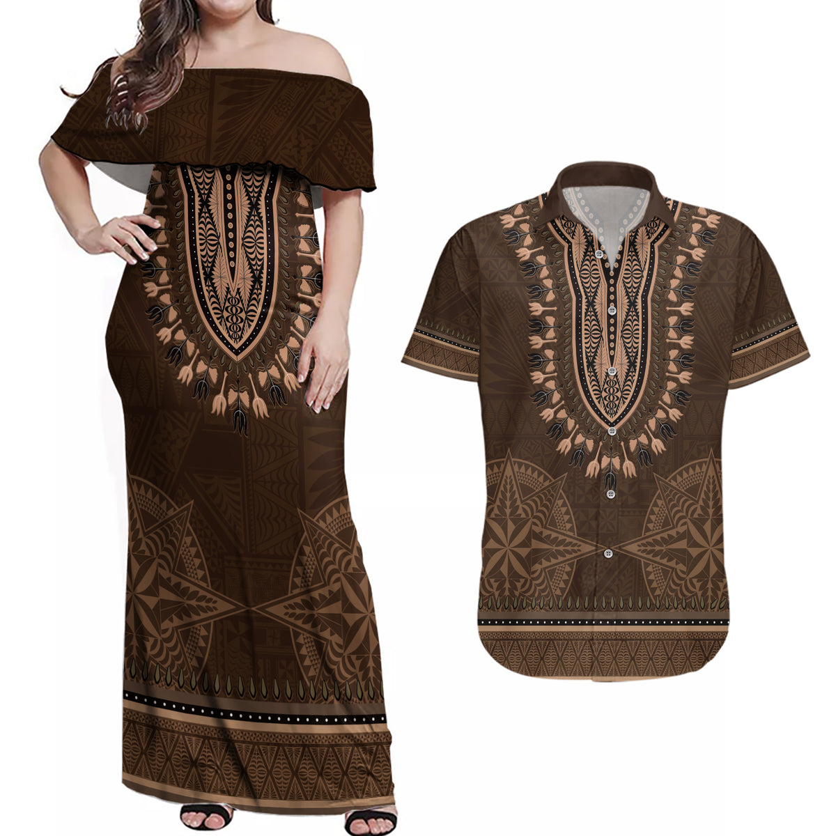 Brown African Dashiki With Tonga Ngatu Pattern Couples Matching Off Shoulder Maxi Dress and Hawaiian Shirt LT14 Brown - Polynesian Pride