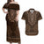 Brown African Dashiki With Tonga Ngatu Pattern Couples Matching Off Shoulder Maxi Dress and Hawaiian Shirt
