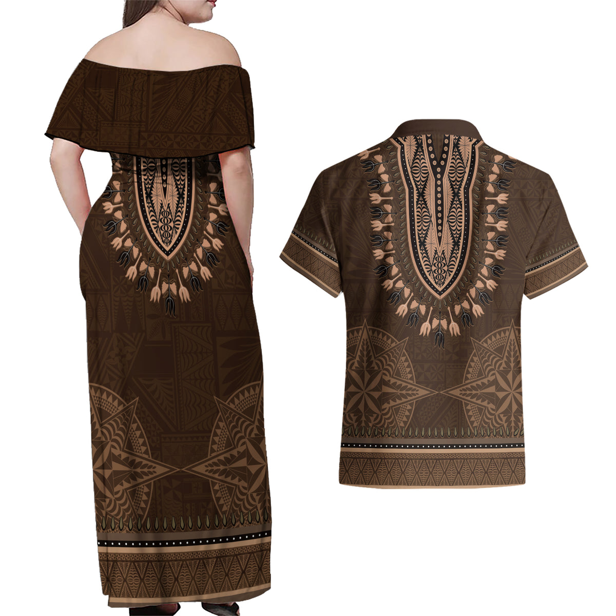 Brown African Dashiki With Tonga Ngatu Pattern Couples Matching Off Shoulder Maxi Dress and Hawaiian Shirt LT14 - Polynesian Pride