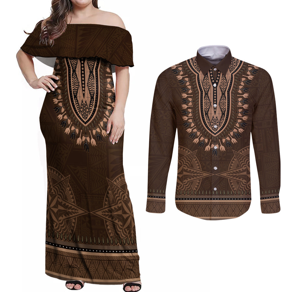 Brown African Dashiki With Tonga Ngatu Pattern Couples Matching Off Shoulder Maxi Dress and Long Sleeve Button Shirt