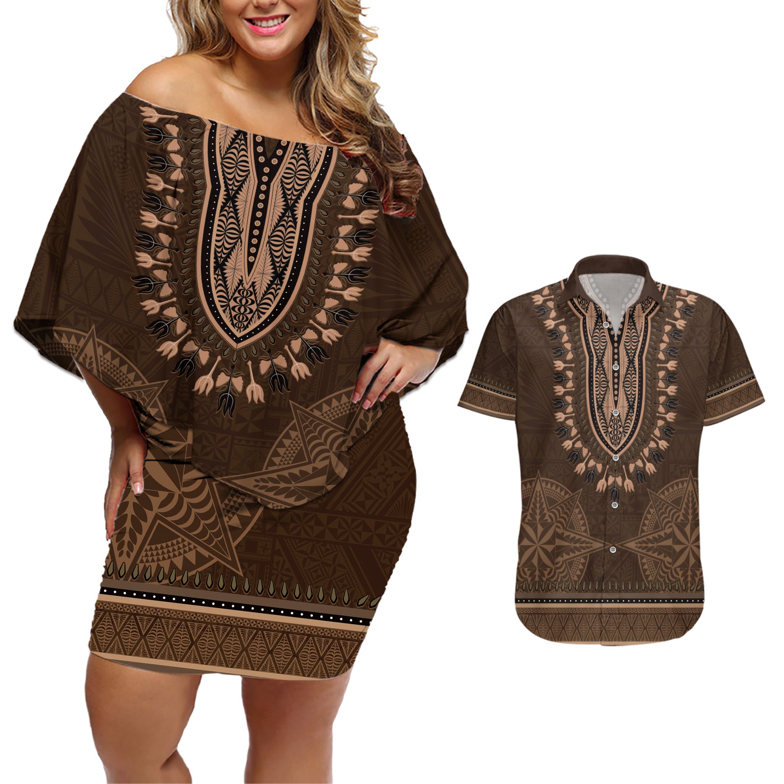 Brown African Dashiki With Tonga Ngatu Pattern Couples Matching Off Shoulder Short Dress and Hawaiian Shirt