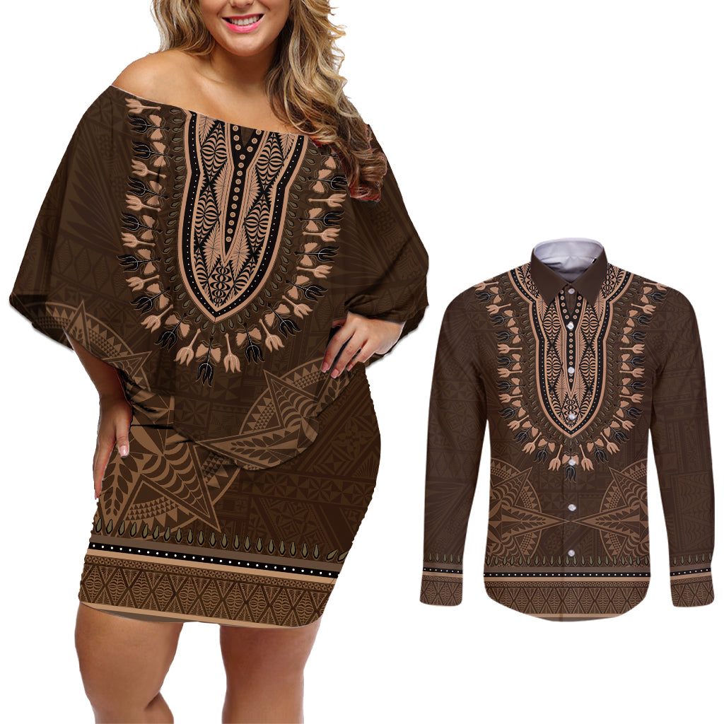 Brown African Dashiki With Tonga Ngatu Pattern Couples Matching Off Shoulder Short Dress and Long Sleeve Button Shirt